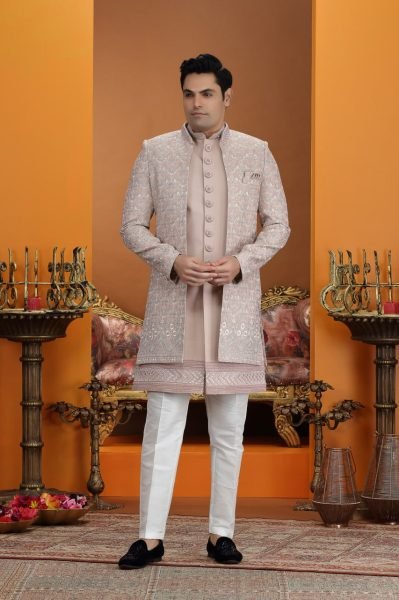 Dapper Baby Pink Elegant Plus Size Art Silk Suit Set with Embroidery Work Design Kurta Pajama Wholesale