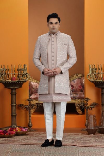 Dapper Baby Pink Elegant Plus Size Art Silk Suit Set with Embroidery Work Design Kurta Pajama Wholesale