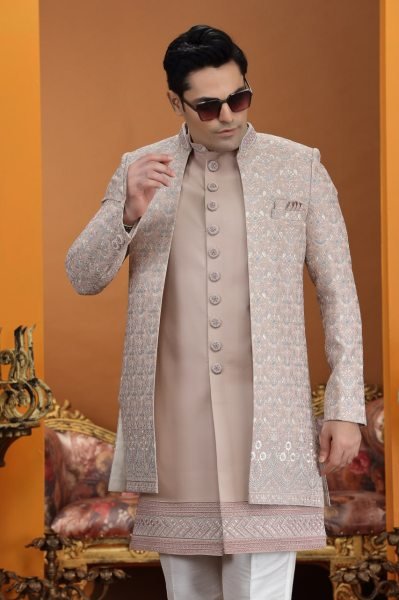 Dapper Baby Pink Elegant Plus Size Art Silk Suit Set with Embroidery Work Design Kurta Pajama Wholesale