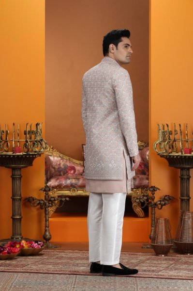 Dapper Baby Pink Elegant Plus Size Art Silk Suit Set with Embroidery Work Design Kurta Pajama Wholesale