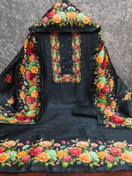 Dapper Black Designer Assam Silk Digital Print Suit Set with Khatli Work at Wholesale Rate 