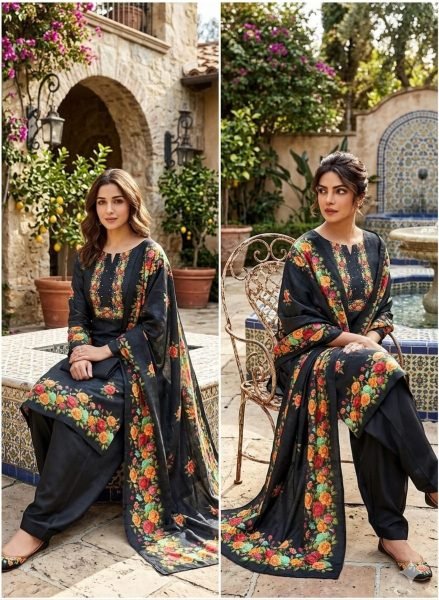 Dapper Black Designer Assam Silk Digital Print Suit Set with Khatli Work at Wholesale Rate Color Set Matching Dress Material Wholesale