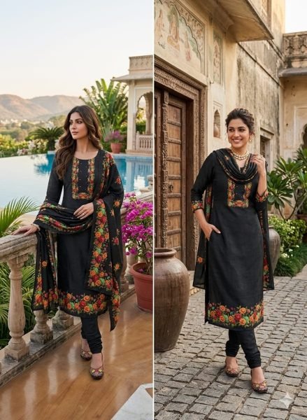 Dapper Black Designer Assam Silk Digital Print Suit Set with Khatli Work at Wholesale Rate Color Set Matching Dress Material Wholesale