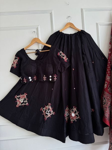 Dapper Black Navratri Khadi Cotton Ajrak Chaniya Choli with Mirror Work at Wholesale Rate Navratri Lehnega Choli