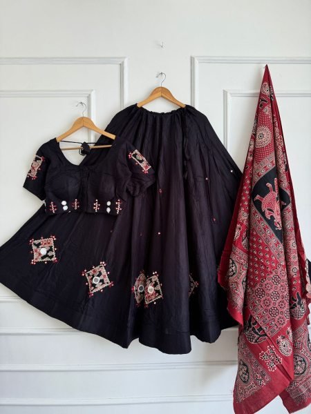 Dapper Black Navratri Khadi Cotton Ajrak Chaniya Choli with Mirror Work at Wholesale Rate Navratri Lehnega Choli