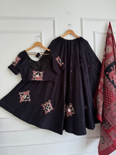 Dapper Black Navratri Khadi Cotton Ajrak Chaniya Choli with Mirror Work at Wholesale Rate Navratri Lehnega Choli