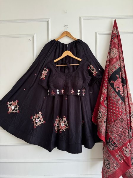 Dapper Black Navratri Khadi Cotton Ajrak Chaniya Choli with Mirror Work at Wholesale Rate Navratri Lehnega Choli