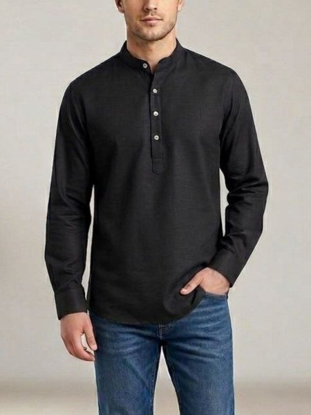 Dapper Black Stylish Heavy Cotton Men's Casual Short Kurta for Summer Wear 