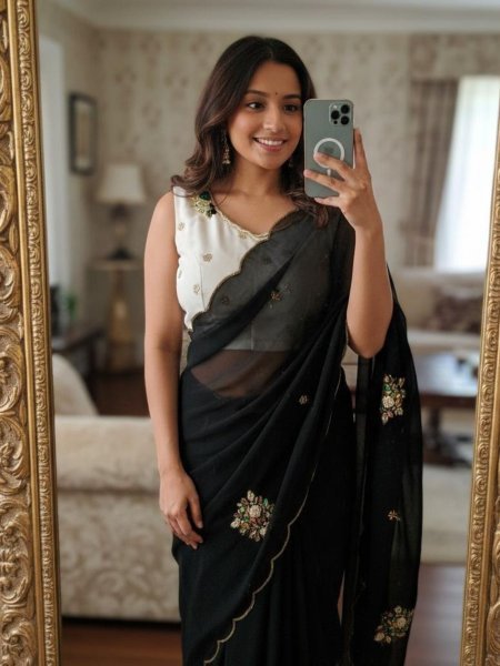 Dapper Black White Elegant Party Wear Saree for Wedding and Reception Wear Sarees 