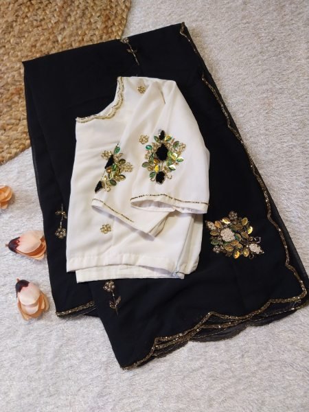 Dapper Black White Elegant Party Wear Saree for Wedding and Reception Wear Georgette Sarees Wholesale
