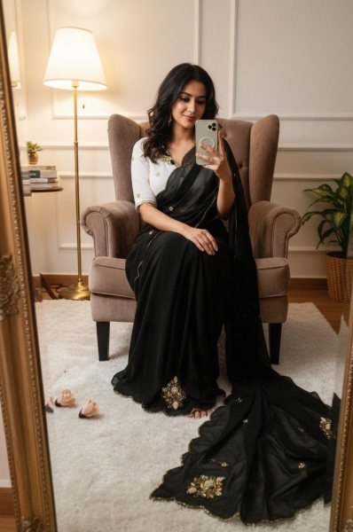 Dapper Black White Elegant Party Wear Saree for Wedding and Reception Wear Georgette Sarees Wholesale