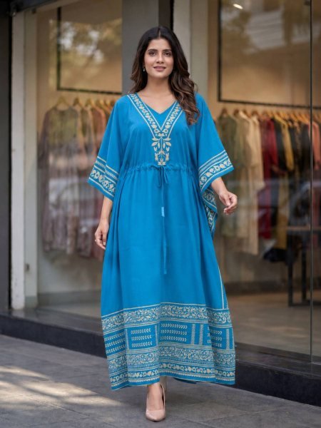 Dapper Blue Heavy French Crepe Printed Long Kaftan Dress for Women Kaftan 