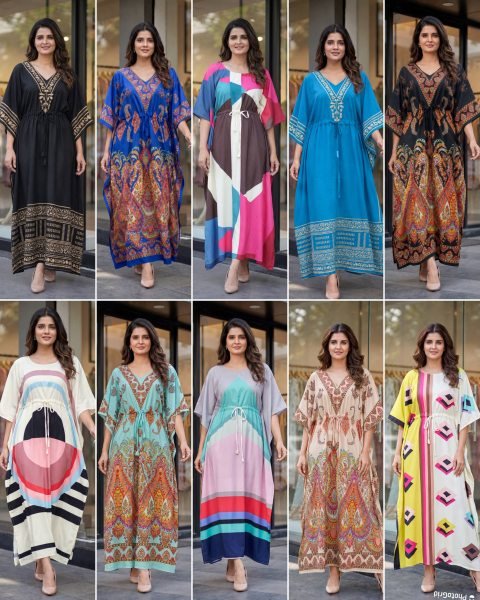Dapper Blue Heavy French Crepe Printed Long Kaftan Dress for Women Kaftan 
