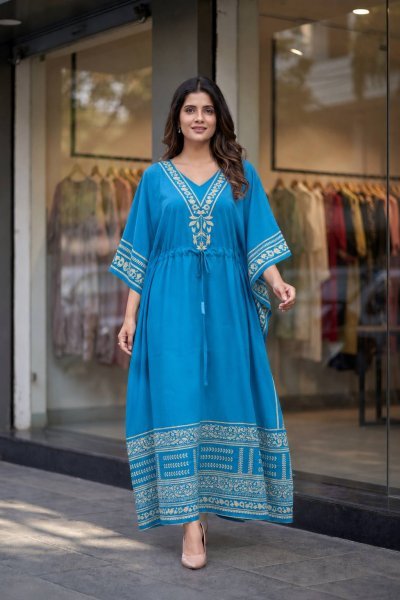 Dapper Blue Heavy French Crepe Printed Long Kaftan Dress for Women Kaftan 