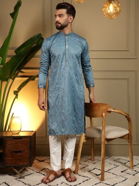 Dapper Blue Khadi Cotton Men's Kurta with Embroidered Mirror Work and Chudidar 