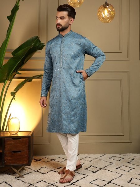 Dapper Blue Khadi Cotton Men's Kurta with Embroidered Mirror Work and Chudidar Kurta Pajama Wholesale