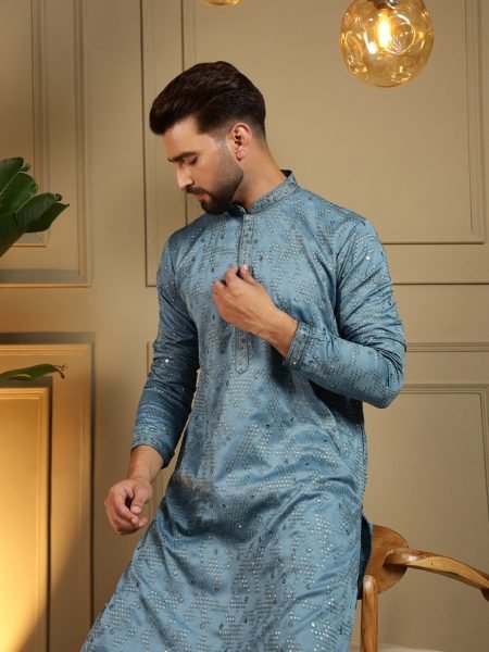 Dapper Blue Khadi Cotton Men's Kurta with Embroidered Mirror Work and Chudidar Kurta Pajama Wholesale