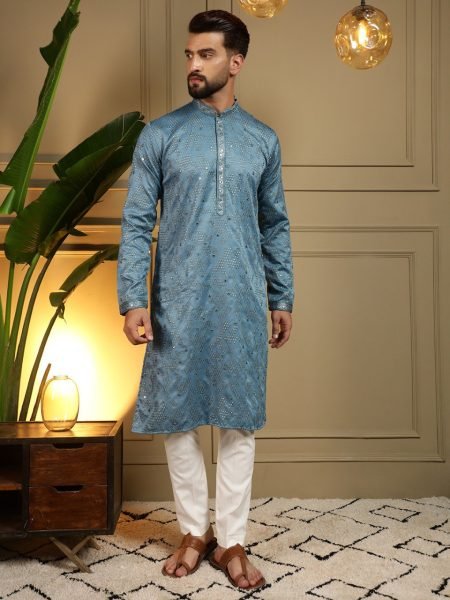 Dapper Blue Khadi Cotton Men's Kurta with Embroidered Mirror Work and Chudidar Kurta Pajama Wholesale