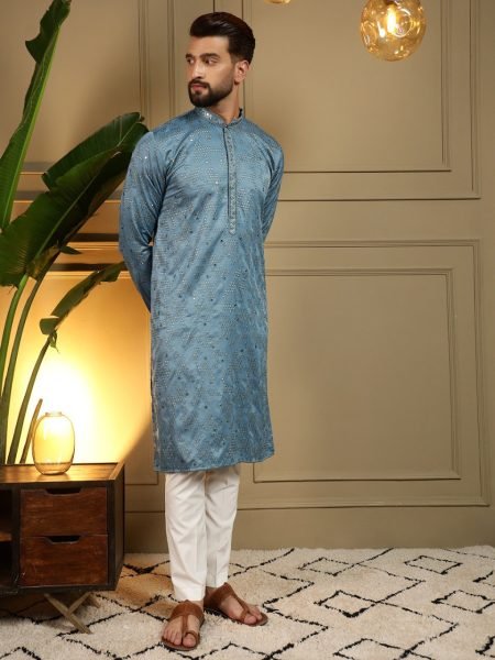 Dapper Blue Khadi Cotton Men's Kurta with Embroidered Mirror Work and Chudidar Kurta Pajama Wholesale