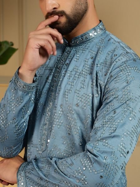 Dapper Blue Khadi Cotton Men's Kurta with Embroidered Mirror Work and Chudidar Kurta Pajama Wholesale