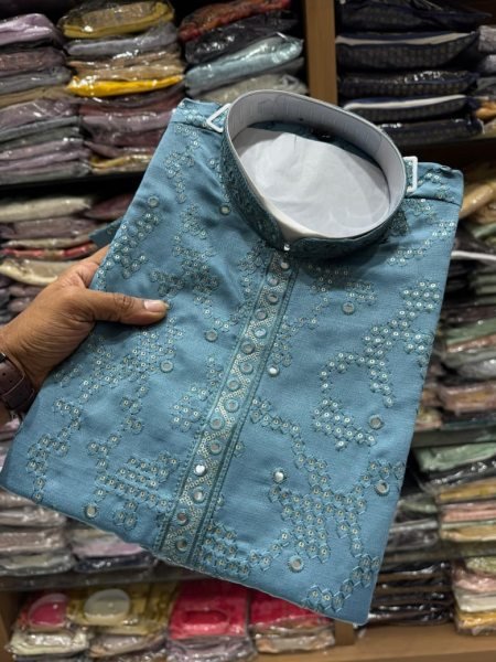 Dapper Blue Khadi Cotton Men's Kurta with Embroidered Mirror Work and Chudidar Kurta Pajama Wholesale