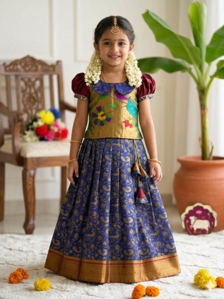 Dapper Blue Kids Lehenga Set with Zari Work for Party and Wedding Functions Kurtis