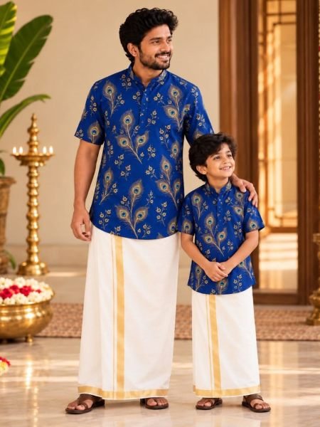 Dapper Blue Matching Father Son Half Sleeve Shirts with Peacock Design for Festival 