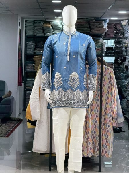 Dapper Blue Men's Shimmer Kurta with Beads Glass Pipe and Sequins Work 