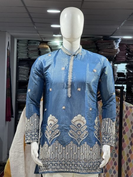 Dapper Blue Men's Shimmer Kurta with Beads Glass Pipe and Sequins Work Kurta Pajama Wholesale