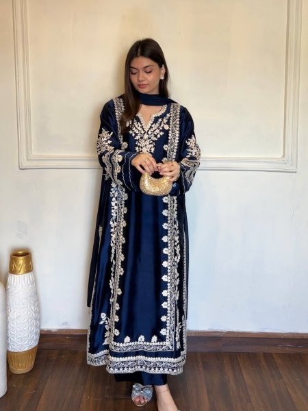 Dapper Blue Satin Rayon Kaftan Set with Embroidery and Fancy Sleeves at Wholesale Rate Ready To Wear Collection