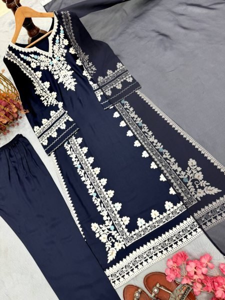 Dapper Blue Satin Rayon Kaftan Set with Embroidery and Fancy Sleeves at Wholesale Rate Ready To Wear Collection
