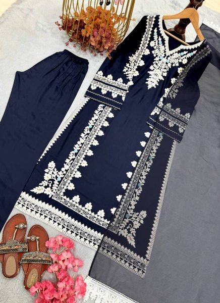 Dapper Blue Satin Rayon Kaftan Set with Embroidery and Fancy Sleeves at Wholesale Rate Ready To Wear Collection