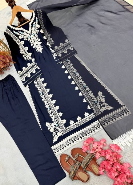 Dapper Blue Satin Rayon Kaftan Set with Embroidery and Fancy Sleeves at Wholesale Rate Ready To Wear Collection