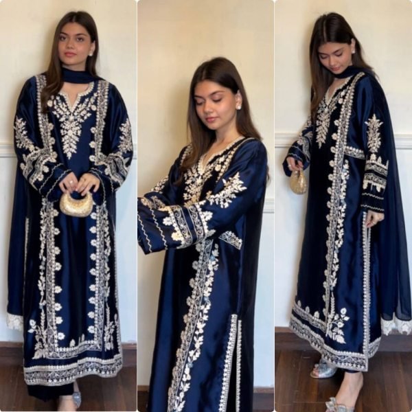 Dapper Blue Satin Rayon Kaftan Set with Embroidery and Fancy Sleeves at Wholesale Rate Ready To Wear Collection