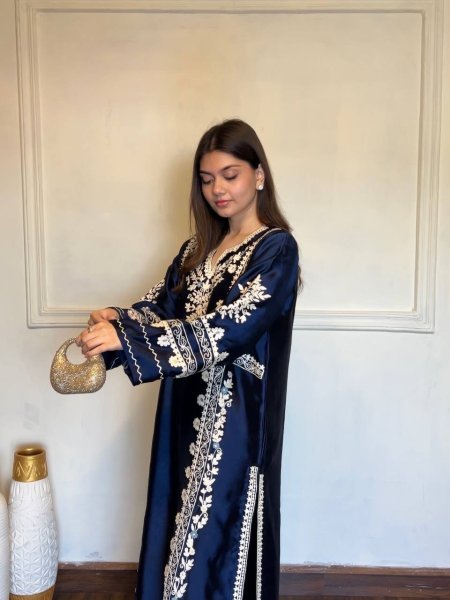 Dapper Blue Satin Rayon Kaftan Set with Embroidery and Fancy Sleeves at Wholesale Rate Ready To Wear Collection