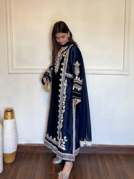 Dapper Blue Satin Rayon Kaftan Set with Embroidery and Fancy Sleeves at Wholesale Rate Ready To Wear Collection