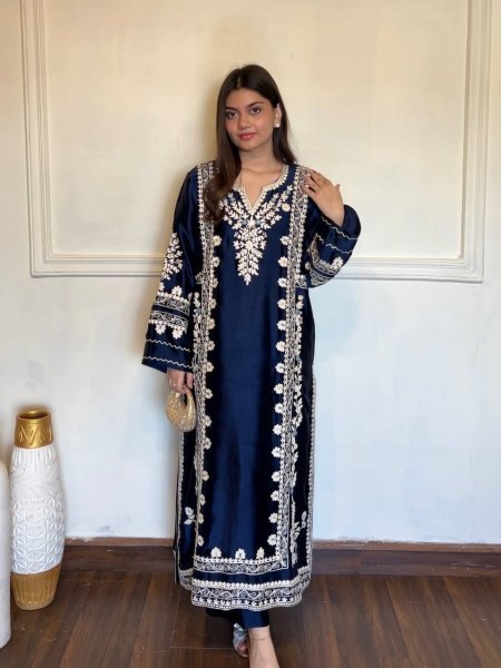 Dapper Blue Satin Rayon Kaftan Set with Embroidery and Fancy Sleeves at Wholesale Rate Ready To Wear Collection