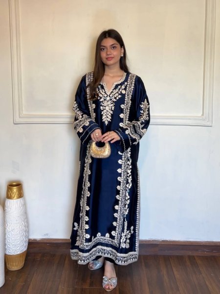 Dapper Blue Satin Rayon Kaftan Set with Embroidery and Fancy Sleeves at Wholesale Rate Ready To Wear Collection