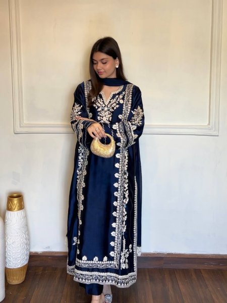 Dapper Blue Satin Rayon Kaftan Set with Embroidery and Fancy Sleeves at Wholesale Rate Ready To Wear Collection