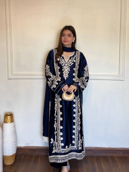 Dapper Blue Satin Rayon Kaftan Set with Embroidery and Fancy Sleeves at Wholesale Rate Ready To Wear Collection