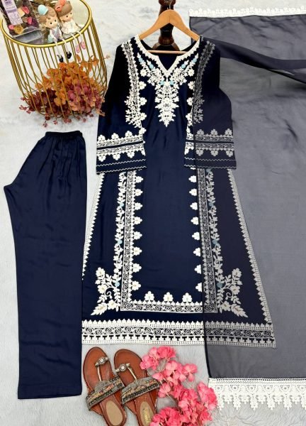 Dapper Blue Satin Rayon Kaftan Set with Embroidery and Fancy Sleeves at Wholesale Rate Ready To Wear Collection