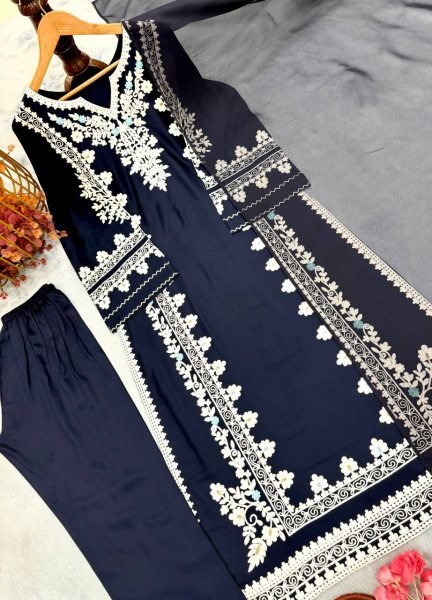 Dapper Blue Satin Rayon Kaftan Set with Embroidery and Fancy Sleeves at Wholesale Rate Ready To Wear Collection