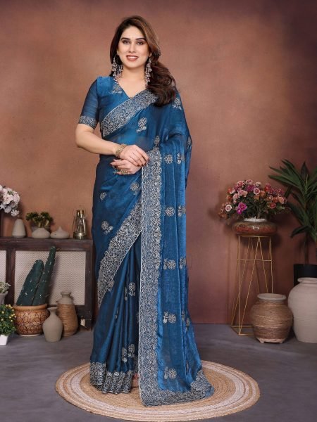 Dapper Blue Soft Fendy Chiffon Silk Saree with Swarovski Embroidery for Wedding Wear Sarees 