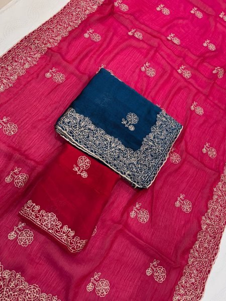 Dapper Blue Soft Fendy Chiffon Silk Saree with Swarovski Embroidery for Wedding Wear Embroidery Sarees Wholesale