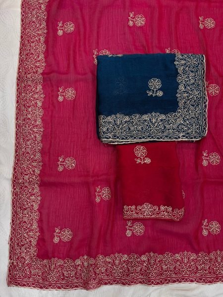 Dapper Blue Soft Fendy Chiffon Silk Saree with Swarovski Embroidery for Wedding Wear Embroidery Sarees Wholesale