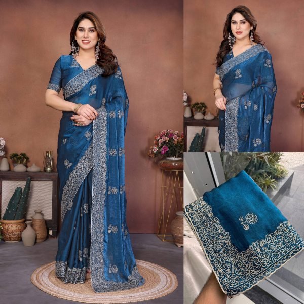 Dapper Blue Soft Fendy Chiffon Silk Saree with Swarovski Embroidery for Wedding Wear Embroidery Sarees Wholesale