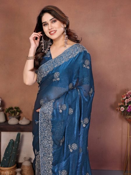 Dapper Blue Soft Fendy Chiffon Silk Saree with Swarovski Embroidery for Wedding Wear Embroidery Sarees Wholesale