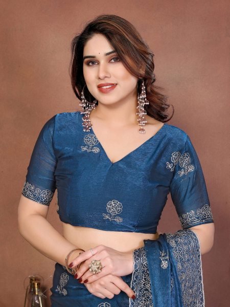 Dapper Blue Soft Fendy Chiffon Silk Saree with Swarovski Embroidery for Wedding Wear Embroidery Sarees Wholesale