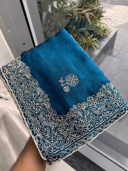 Dapper Blue Soft Fendy Chiffon Silk Saree with Swarovski Embroidery for Wedding Wear Embroidery Sarees Wholesale