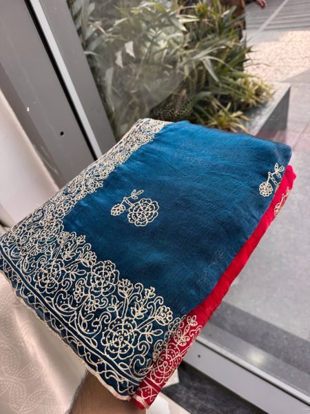 Dapper Blue Soft Fendy Chiffon Silk Saree with Swarovski Embroidery for Wedding Wear Embroidery Sarees Wholesale
